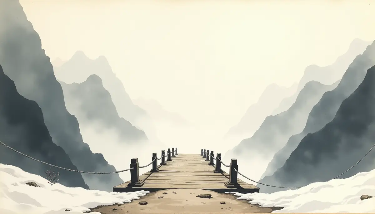 Act II — a rope bridge running into the clouds between snowy cliffs