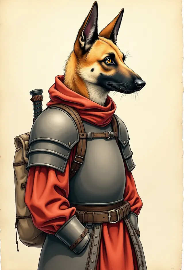 The Ironsworn, an anthropomorphic German Shepherd in weathered armor