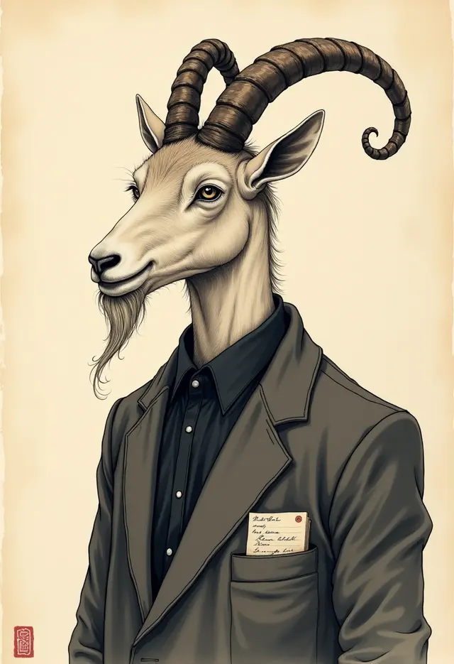 The Oathbearer, a goat in a charcoal suit