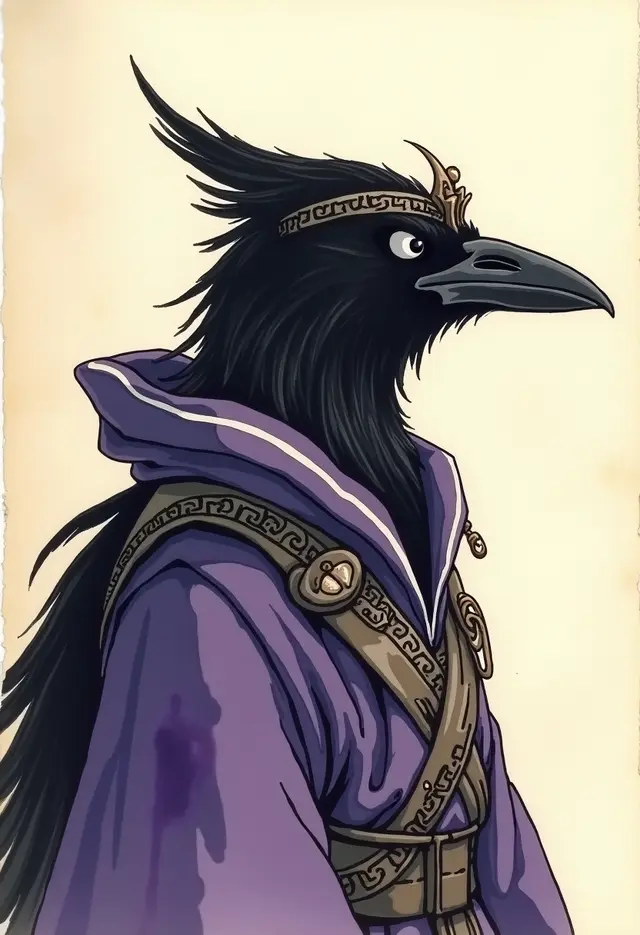 The Sovereign, a crowned raven in dark violet robes
