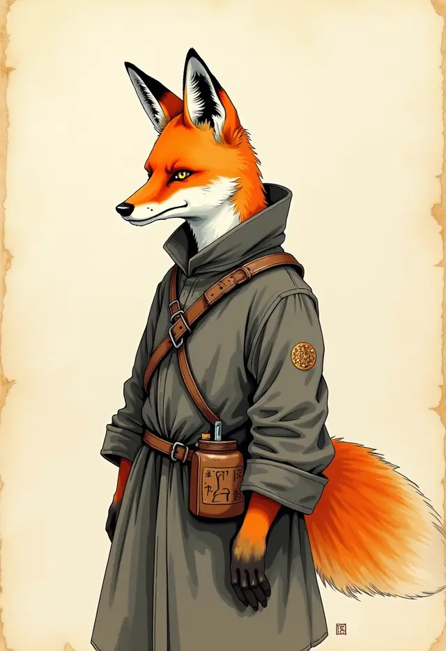 The Transmuter, a fox in a copper traveling coat