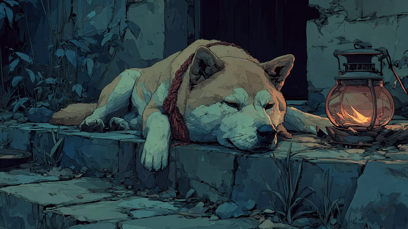 Jūbei, the old dog, resting beside a lantern at dusk