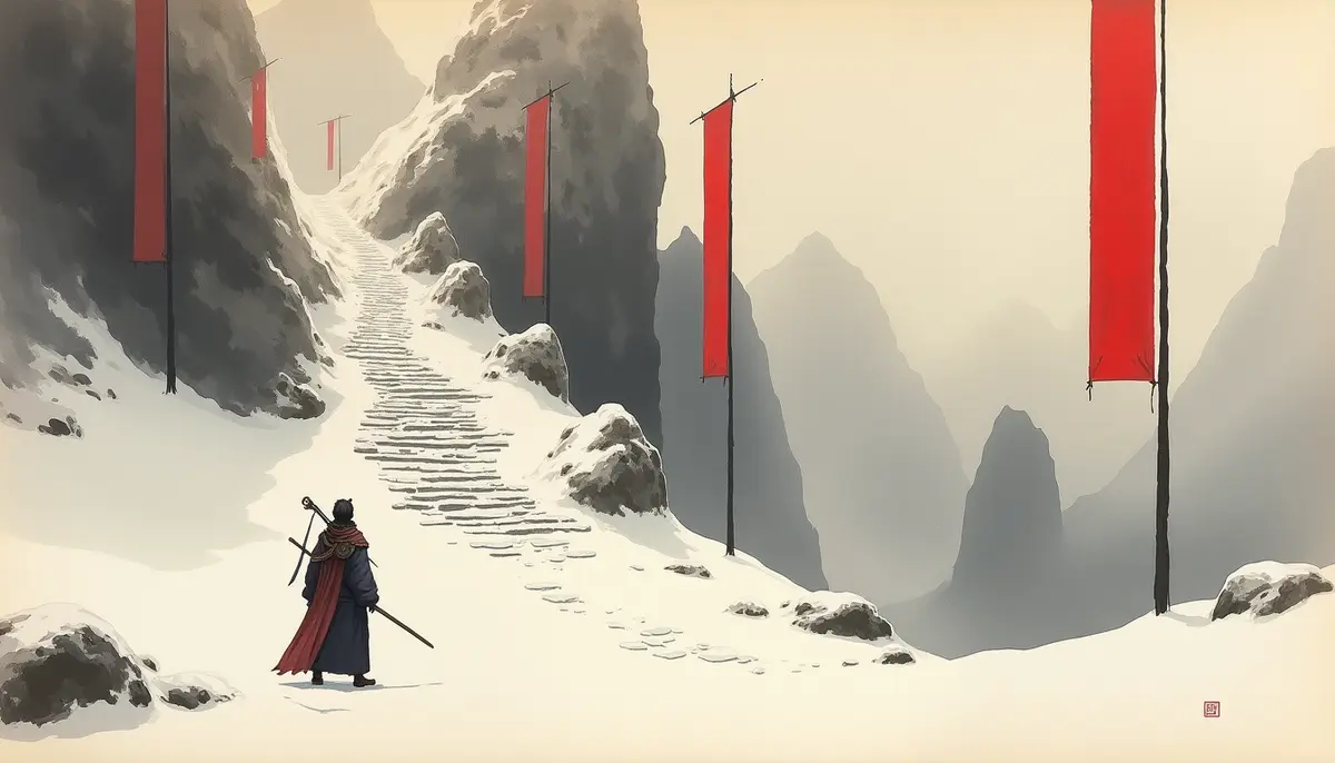 Act III — a snowy stair up the mountain, lined with red banners