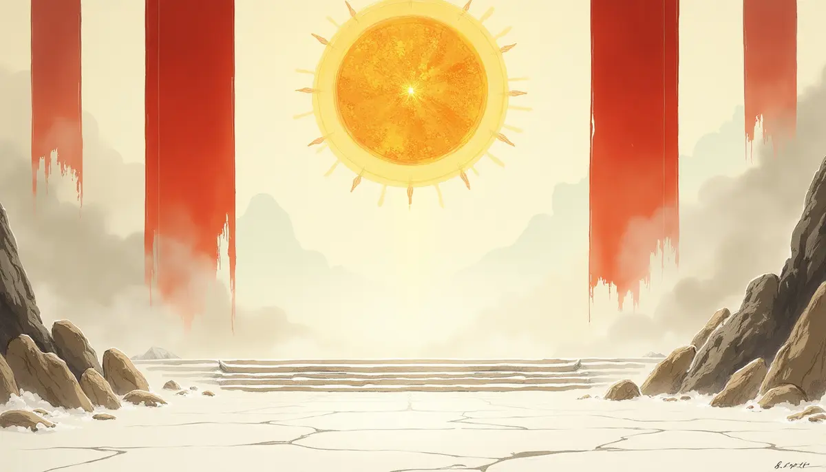 Red banners and a blazing sun over an empty stone arena